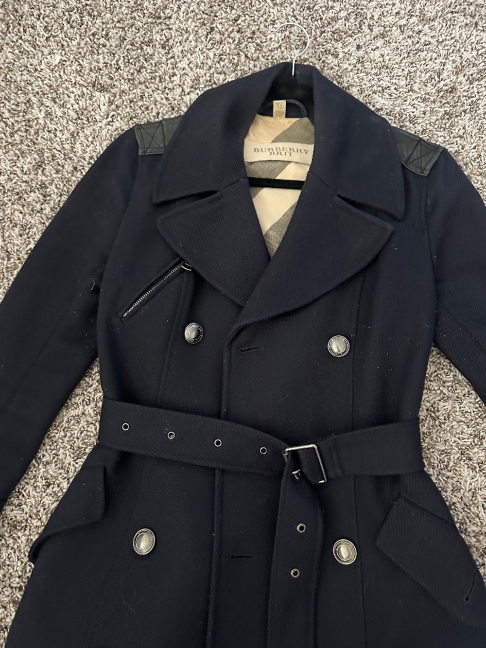 Authentic Burberry Brit Navy Blue Wool & Leather Trench Coat Sz US4 / XS - Picture 6 of 10